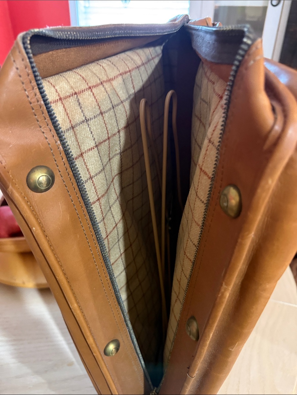 PrestoLock Co 2590 Tan Leather suitcase with Plaid Interior Combination Lock
